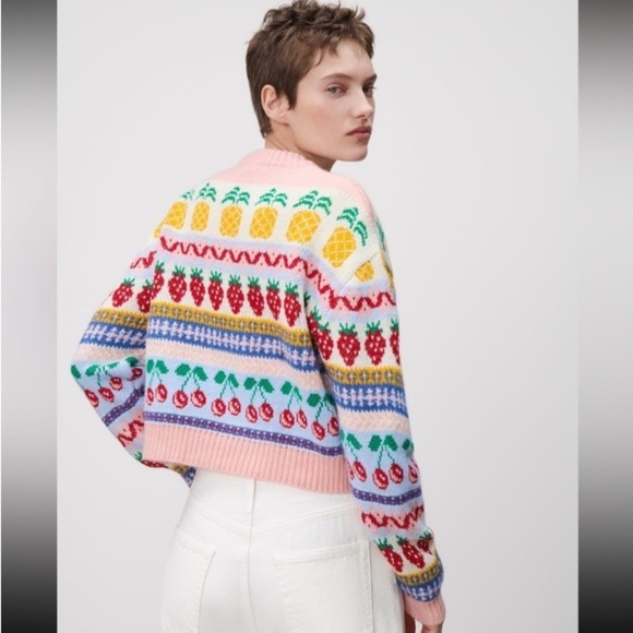 Zara Jacquard Fruit Strawberry Cherry Pineapple Sweater M Knit Fall Blogger Fave - Picture 16 of 16